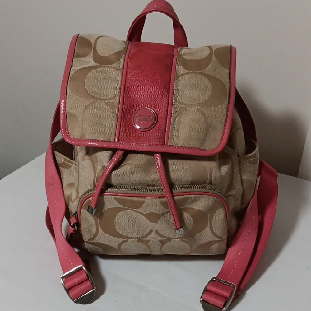 Coach Tan and Pink Backpack with Signature Monogram